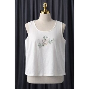 Quacker Factory Tank Top White Rhinestone Seashell Coastal Beach Novelty Size XL